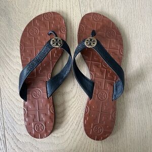 Tory Burch Throra Thong Sandals - Black Leather with Brown Sole